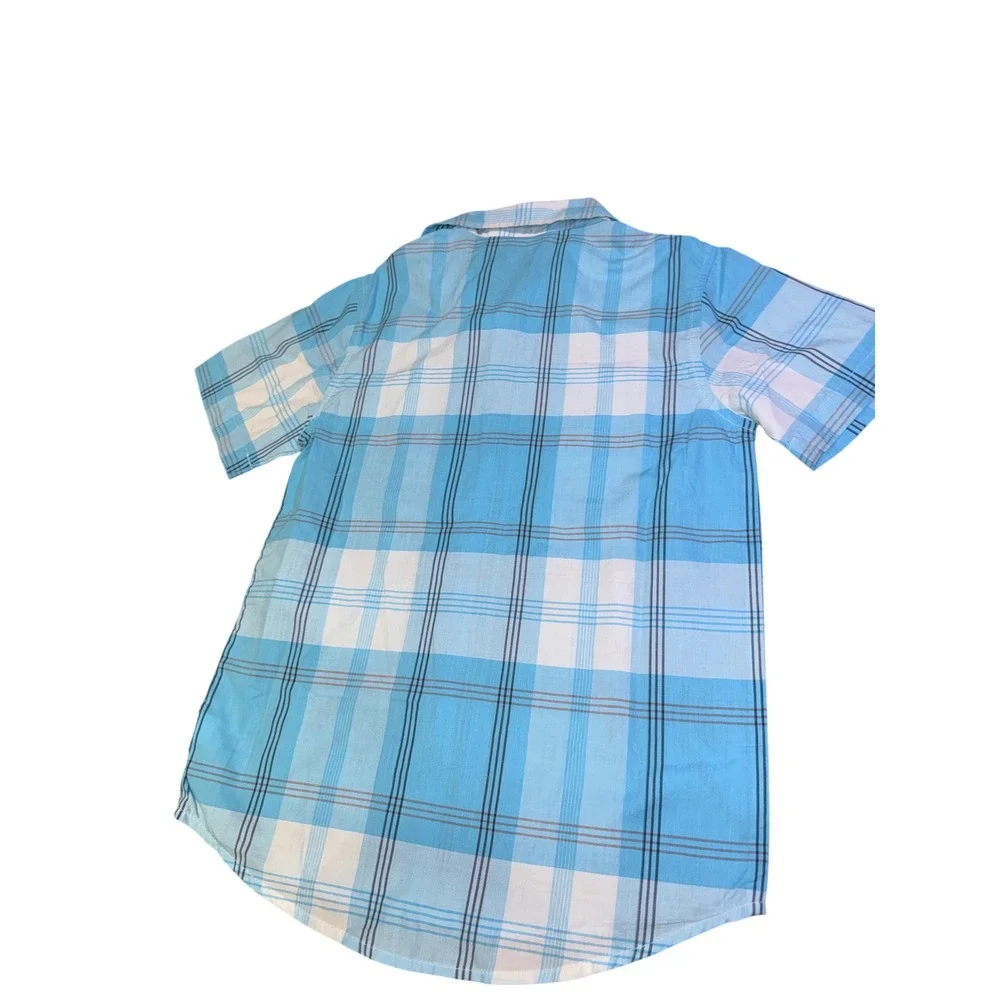 Old Navy Boys Blue Plaid Palm Tree Tropical Short Sleeve Button Down Shirt M 8